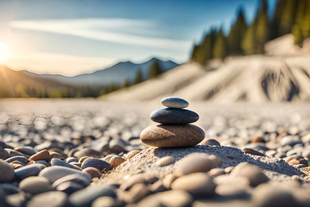 Balanced pebbles on the shore of a lake. relaxing landscape and natural artの素材