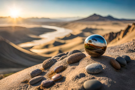 Balanced pebbles on the shore of a lake. relaxing landscape and natural artの素材