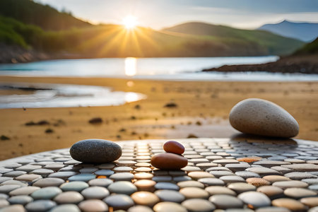 Balanced pebbles on the shore of a lake. relaxing landscape and natural artの素材