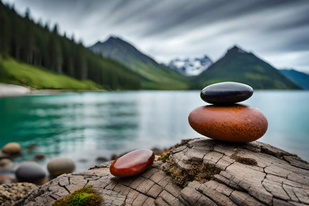 Balanced pebbles on the shore of a lake. relaxing landscape and natural artの素材