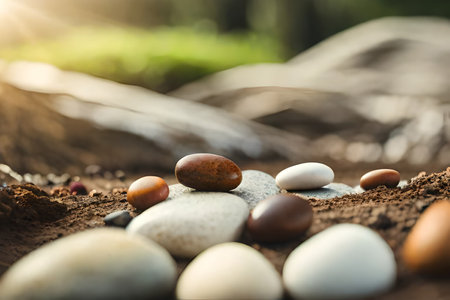 Balanced pebbles on the shore of a lake. relaxing landscape and natural artの素材