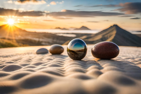 Balanced pebbles on the shore of a lake. relaxing landscape and natural artの素材