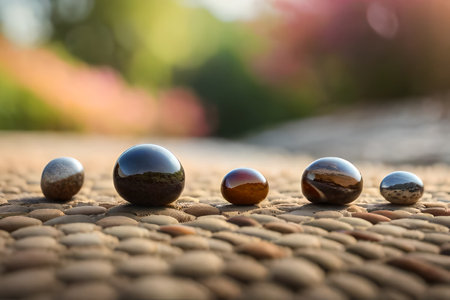 Balanced pebbles on the shore of a lake. relaxing landscape and natural artの素材