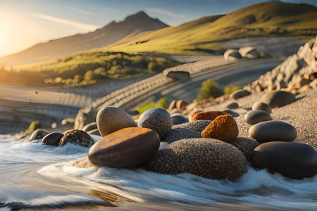 Balanced pebbles on the shore of a lake. relaxing landscape and natural artの素材