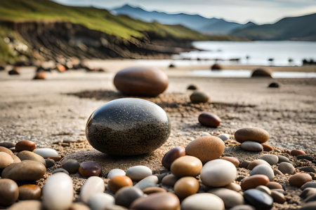 Balanced pebbles on the shore of a lake. relaxing landscape and natural artの素材