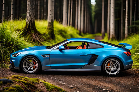 blue sport car in the forest.の素材