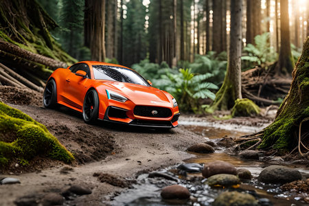 3D rendering of a brand-less generic concept car in the forestの素材