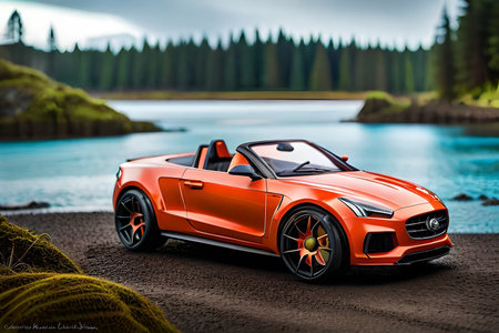 View of a brand-less generic concept car in a lake.の素材