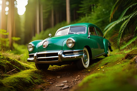 Old retro car in the forest. Retro car in the green forestの素材