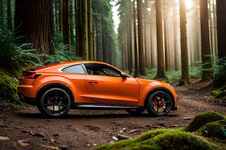 Modern orange sport car in the forest at sunset. 3d renderingの素材