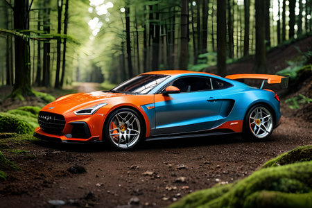 3D rendering of a brand-less generic concept car in the forestの素材