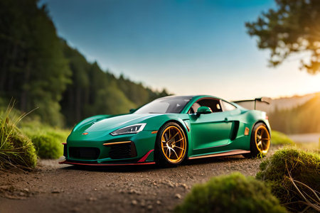 Beautiful green sports car on the road in the mountains at sunset