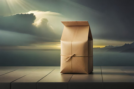 Empty wooden table with paper box on sunset background. For product displayの素材