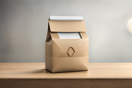 Cardboard box on wooden table over gray wall background. 3d renderの素材