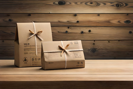 Cardboard boxes on wooden table over wooden wall background. Delivery service conceptの素材