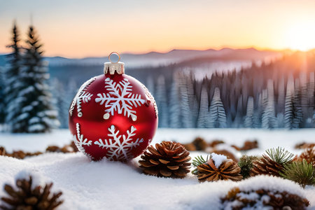 Christmas glass ball with fir tree and snow on the background of the winter forestの素材