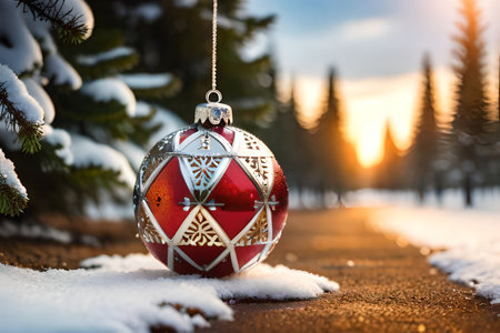 Christmas glass ball with fir tree and snow on the background of the winter forestの素材