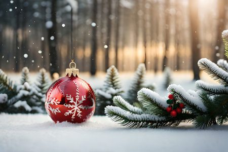 Christmas glass ball with fir tree and snow on the background of the winter forestの素材