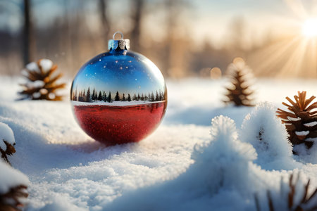 Christmas ball on the snow in the winter forest. Christmas background.の素材