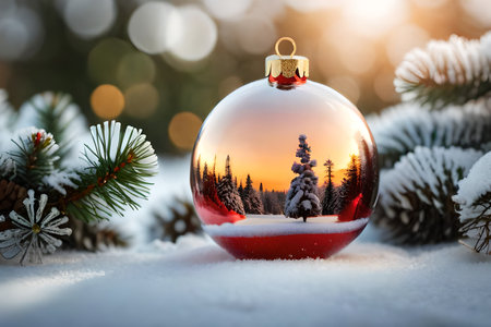 Christmas glass ball on snow with fir tree and bokeh backgroundの素材
