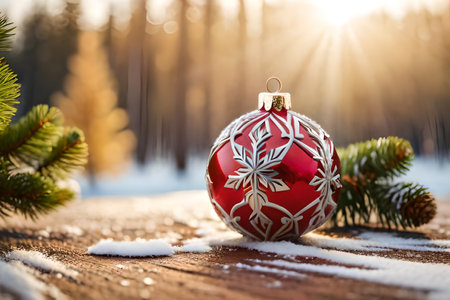 Christmas glass ball with fir tree and snow on the background of the winter forestの素材
