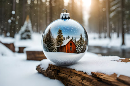Christmas glass ball with winter forest and house in the snow. Christmas concept.の素材