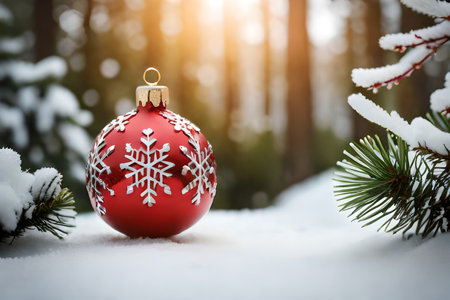 Red christmas ball on snow in winter forest. Christmas background.の素材