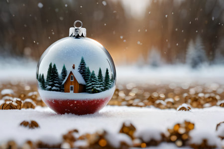 Christmas glass ball with fir tree and snow on the background of the winter forestの素材