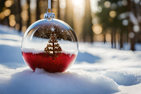 Christmas glass ball with a Christmas tree on the snow in the forestの素材