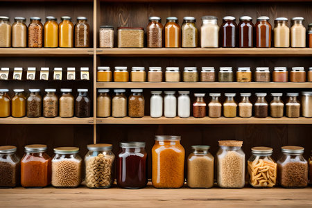 wooden Shelves with different types of grains and dried food in pantryの素材