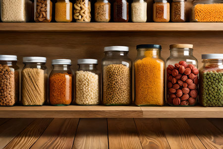 wooden Shelves with different types of grains and dried food in pantryの素材