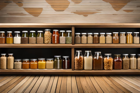wooden Shelves with different types of grains and dried food in pantryの素材