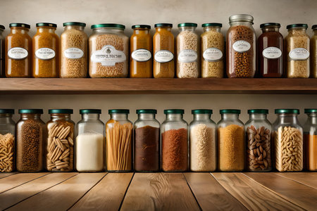 wooden Shelves with different types of grains and dried food in pantryの素材
