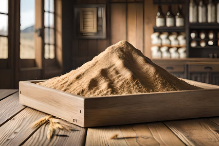 Wheat flour and ears of wheat on a wooden table, flour packaging concept. rustic and natural agricultural productの素材