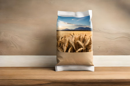 Wheat flour and ears of wheat on a wooden table, flour packaging concept. rustic and natural agricultural productの素材