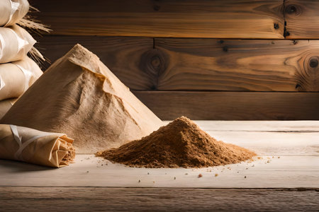 Wheat flour and ears of wheat on a wooden table, flour packaging concept. rustic and natural agricultural productの素材