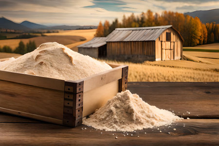 Wheat flour and ears of wheat on a wooden table, flour packaging concept. rustic and natural agricultural productの素材