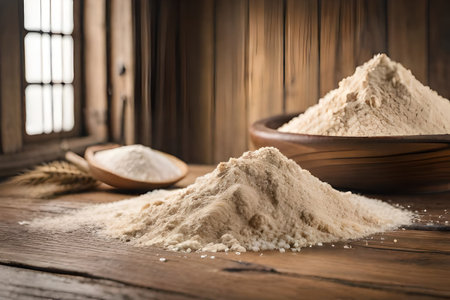 Wheat flour and ears of wheat on a wooden table, flour packaging concept. rustic and natural agricultural productの素材