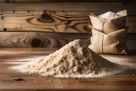 Wheat flour and ears of wheat on a wooden table, flour packaging concept. rustic and natural agricultural productの素材