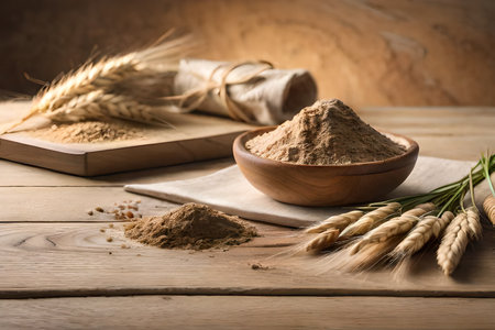 Wheat flour and ears of wheat on a wooden table, flour packaging concept. rustic and natural agricultural productの素材