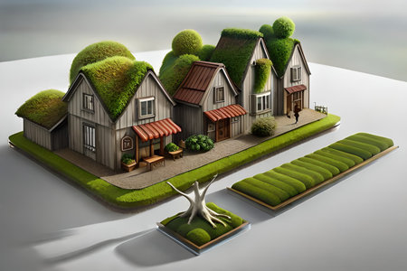 3D illustration of a small house with green grass and trees. miniature eco-friendly neighborhood conceptの素材