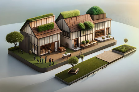 3D illustration of a small house with green grass and trees. miniature eco-friendly neighborhood conceptの素材