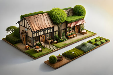 3D illustration of a small house with green grass and trees. miniature eco-friendly neighborhood conceptの素材