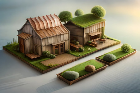 3D illustration of a small house with green grass and trees. miniature eco-friendly neighborhood conceptの素材