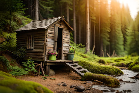 Old weathered wooden house in the forest on a green mossy background. miniature cabin model , tilt-shift effectの素材