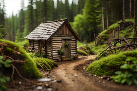 Old weathered wooden house in the forest on a green mossy background. miniature cabin model , tilt-shift effectの素材