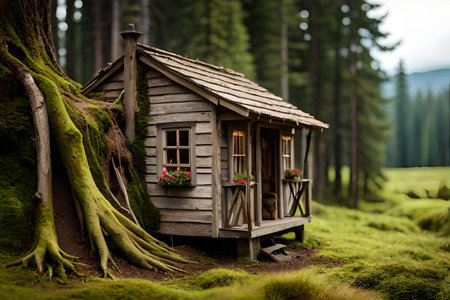 Old weathered wooden house in the forest on a green mossy background. miniature cabin model , tilt-shift effectの素材
