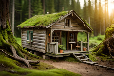 Old weathered wooden house in the forest on a green mossy background. miniature cabin model , tilt-shift effectの素材