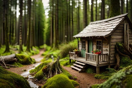 Old weathered wooden house in the forest on a green mossy background. miniature cabin model , tilt-shift effectの素材