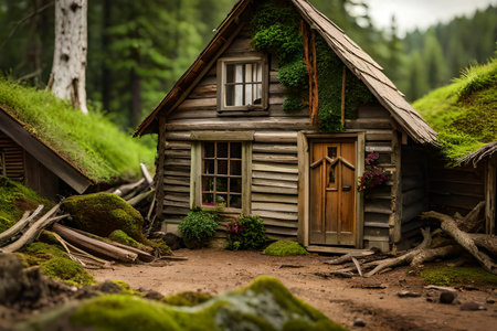 Old weathered wooden house in the forest on a green mossy background. miniature cabin model , tilt-shift effectの素材